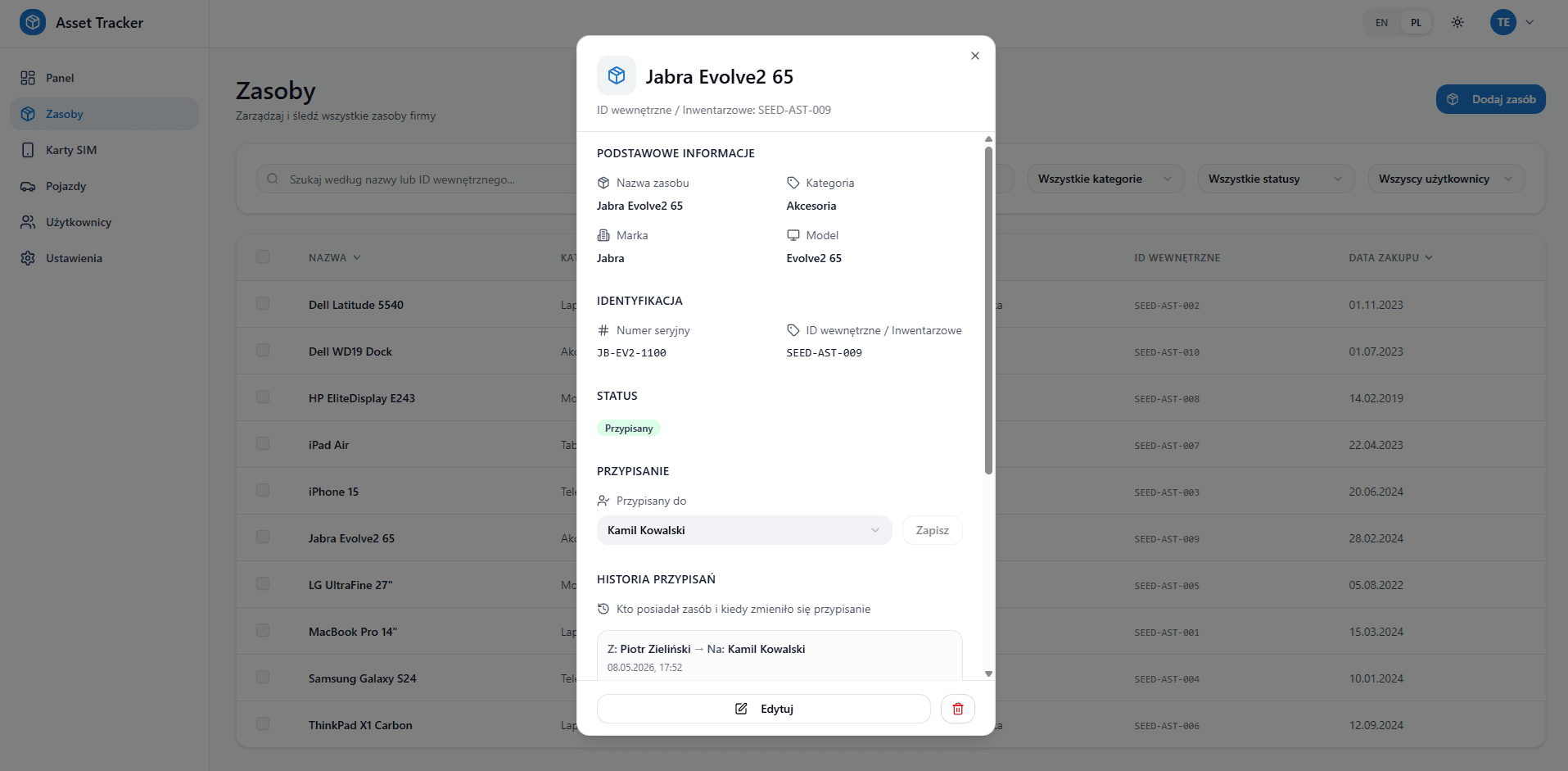 Ekran Asset Tracker z listą sprzętu IT i szczegółami